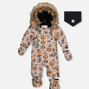 Baby One Piece Snowsuit Adapted For Car Seats Beige Dog Print - Image 11