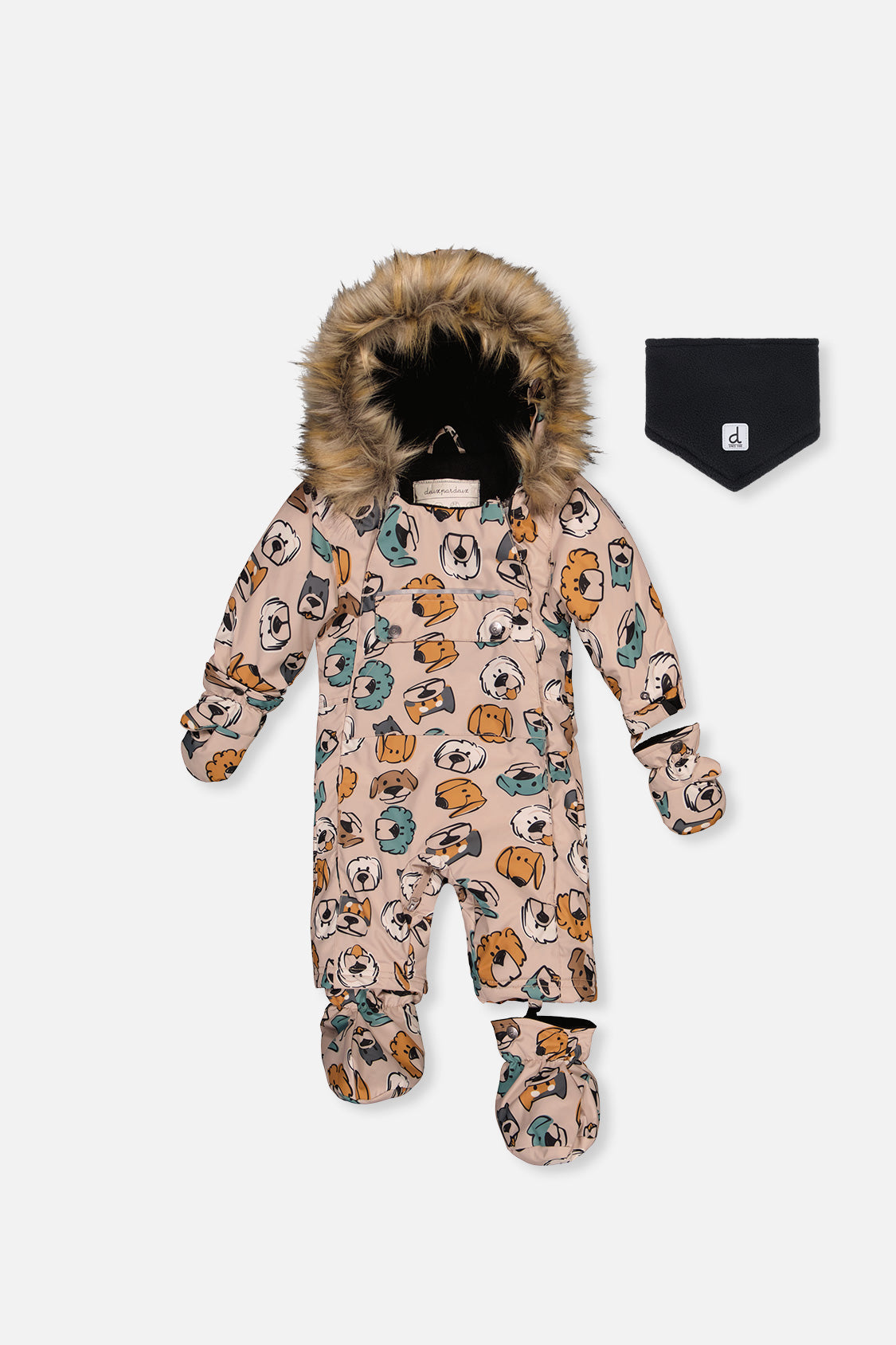 Baby One Piece Snowsuit Adapted For Car Seats Beige Dog Print - Image 6