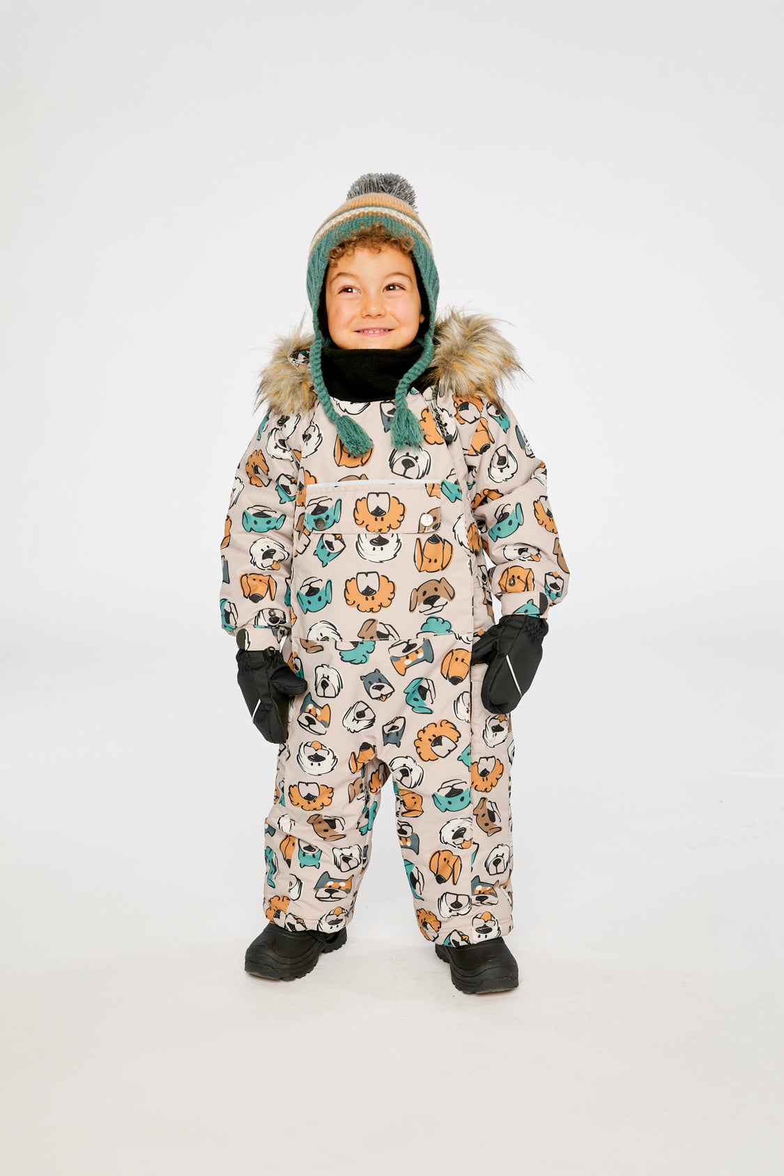 Baby One Piece Snowsuit Adapted For Car Seats Beige Dog Print - Image 4