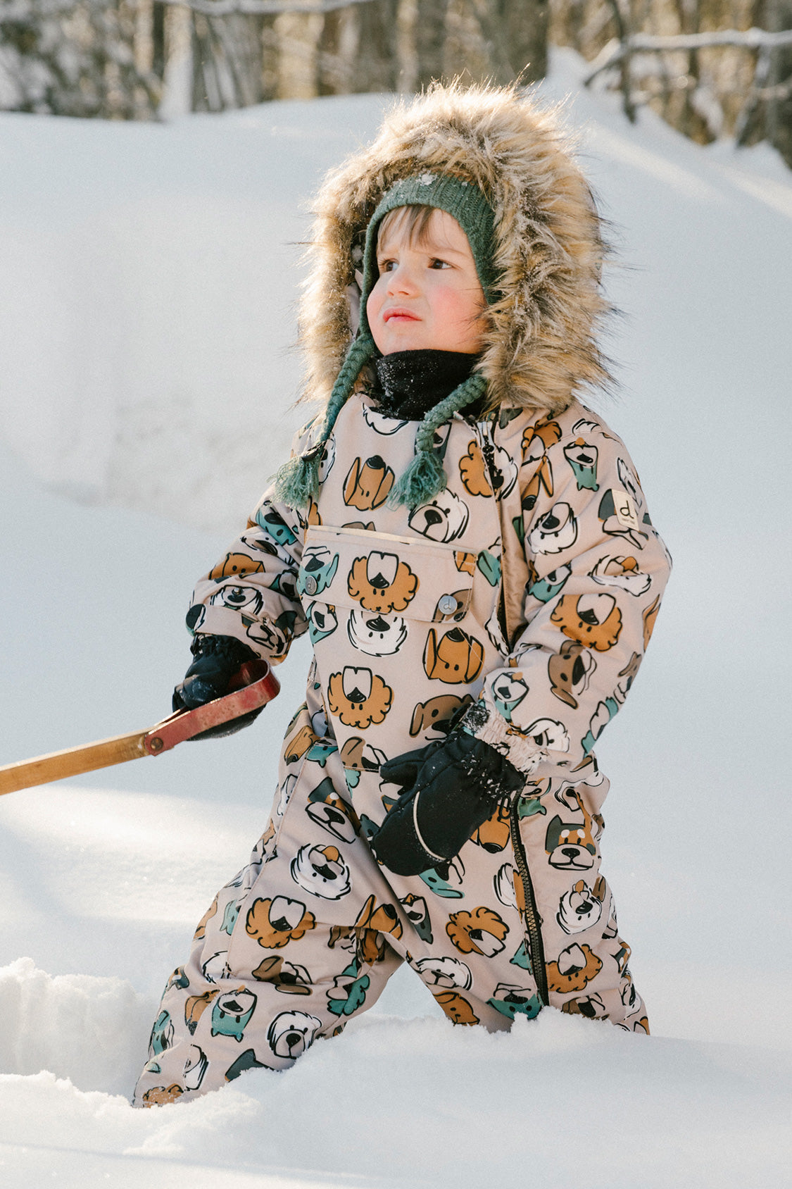 Baby One Piece Snowsuit Adapted For Car Seats Beige Dog Print - Image 2