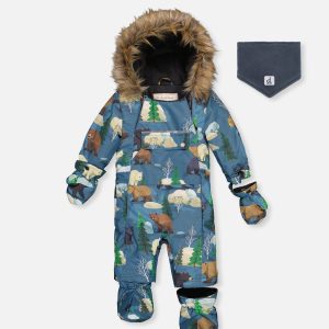 Baby One Piece Snowsuit Adapted For Car Seats Blue Bear Print - Image 6