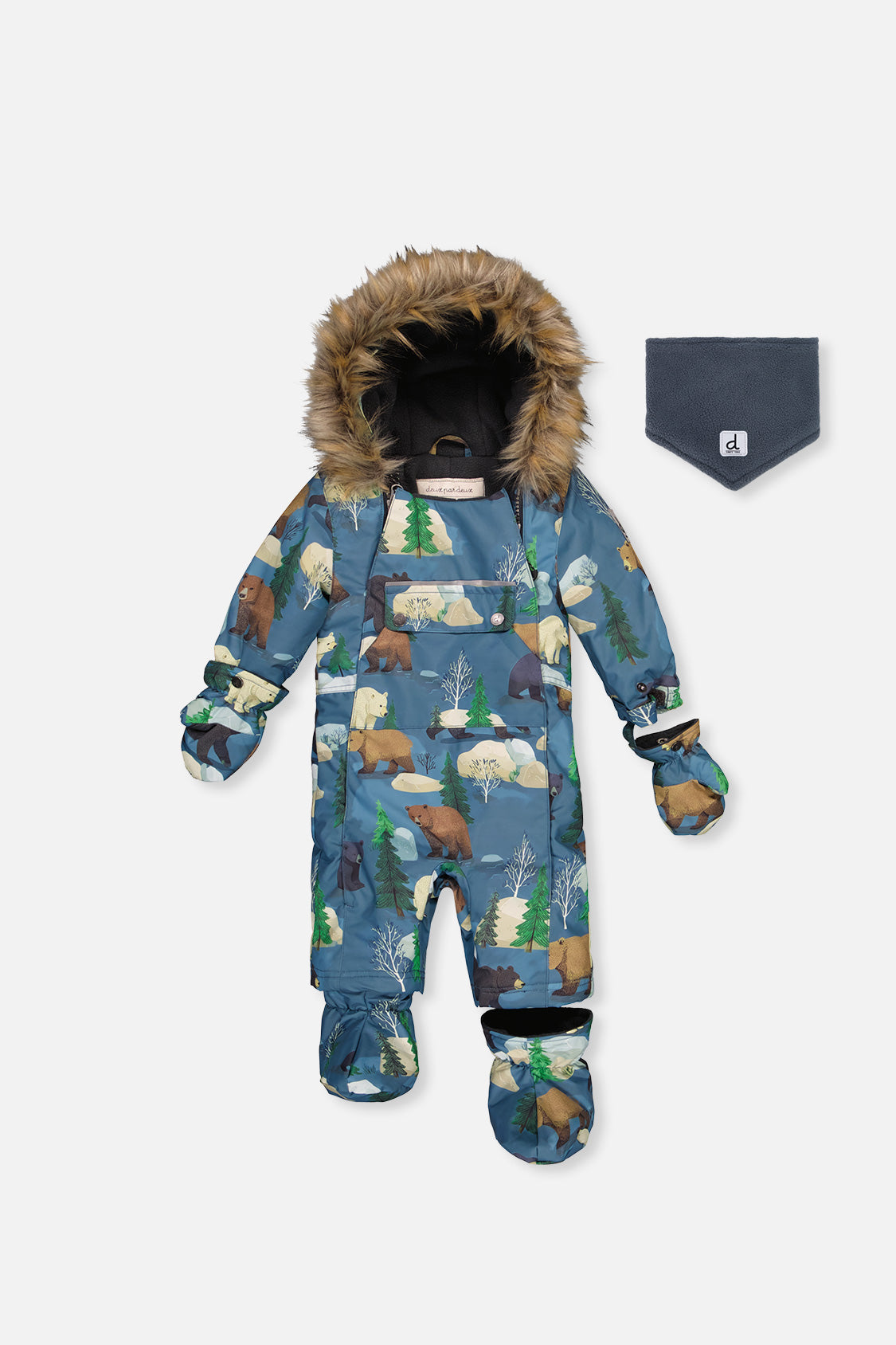 Baby One Piece Snowsuit Adapted For Car Seats Blue Bear Print