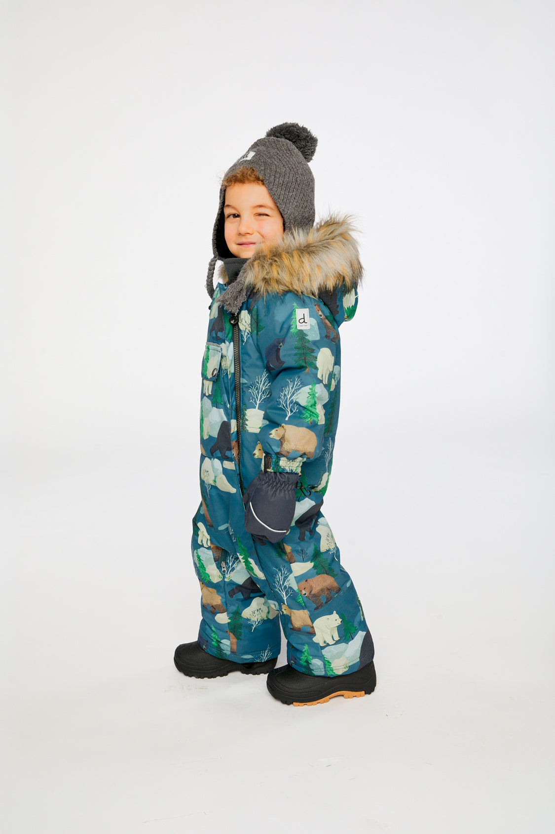 Baby One Piece Snowsuit Adapted For Car Seats Blue Bear Print - Image 3