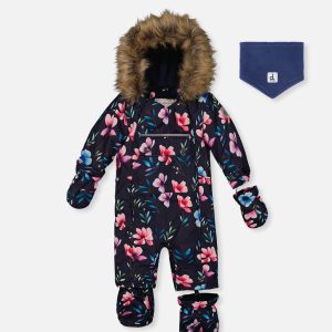 Baby One Piece Snowsuit Adapted For Car Seats Blue Floral Print
