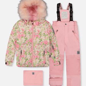 Two Piece Play Snowsuit Pink Minit Flower Print With Pink Pants