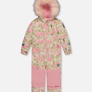 Kids One Piece Play Snowsuit Beige Vintage Rose Print