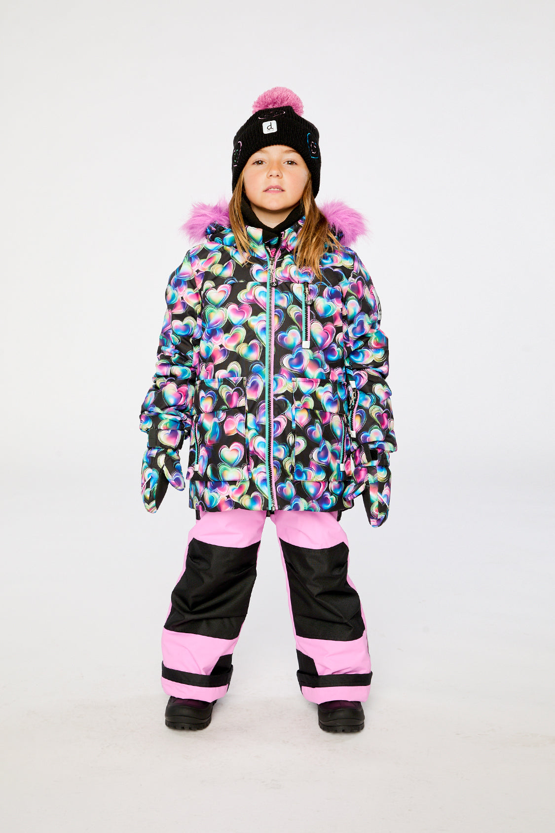Two Piece Play Snowsuit Black Heart Print With Pink Pants - Image 2