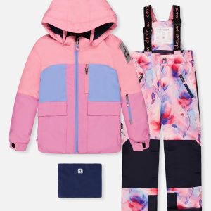 Two Piece Play Snowsuit Pink And Purple Colorblock With Watercolor Floral Print Pants - Image 8
