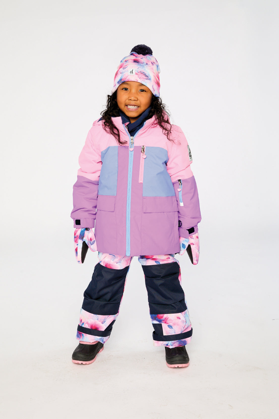 Two Piece Play Snowsuit Pink And Purple Colorblock With Watercolor Floral Print Pants - Image 2