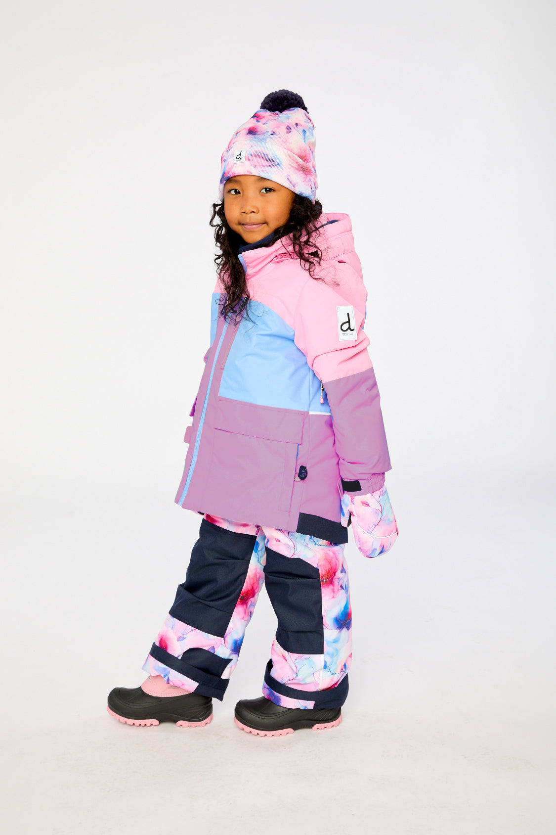 Two Piece Play Snowsuit Pink And Purple Colorblock With Watercolor Floral Print Pants - Image 3