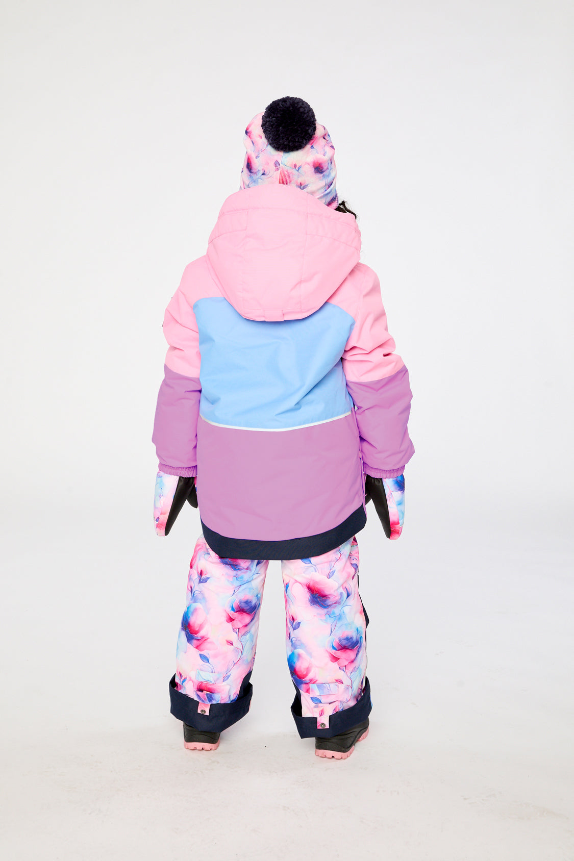 Two Piece Play Snowsuit Pink And Purple Colorblock With Watercolor Floral Print Pants - Image 4