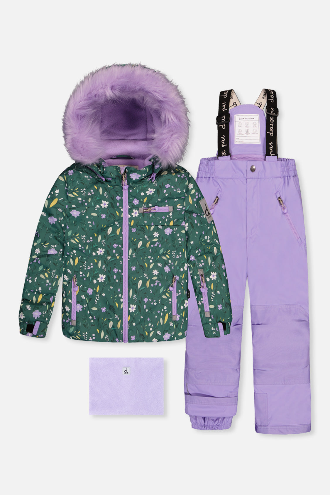 Two‑piece green PLAY snowsuit with mini flower print jacket and reinforced purple snow pants designed for winter activities.