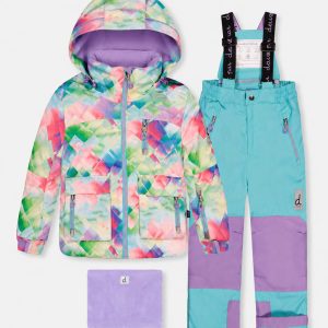 Two Piece Play Snowsuit Multicolored With A Diamond Pattern With Turquoise And Purple Pants