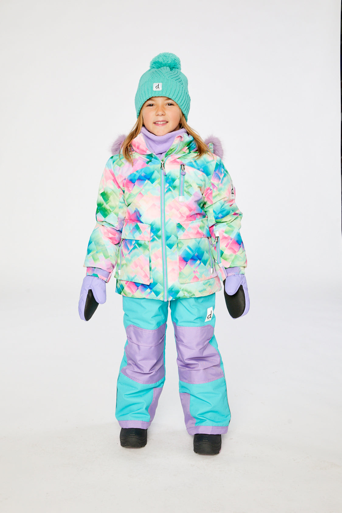 Two Piece Play Snowsuit Multicolored With A Diamond Pattern With Turquoise And Purple Pants - Image 2