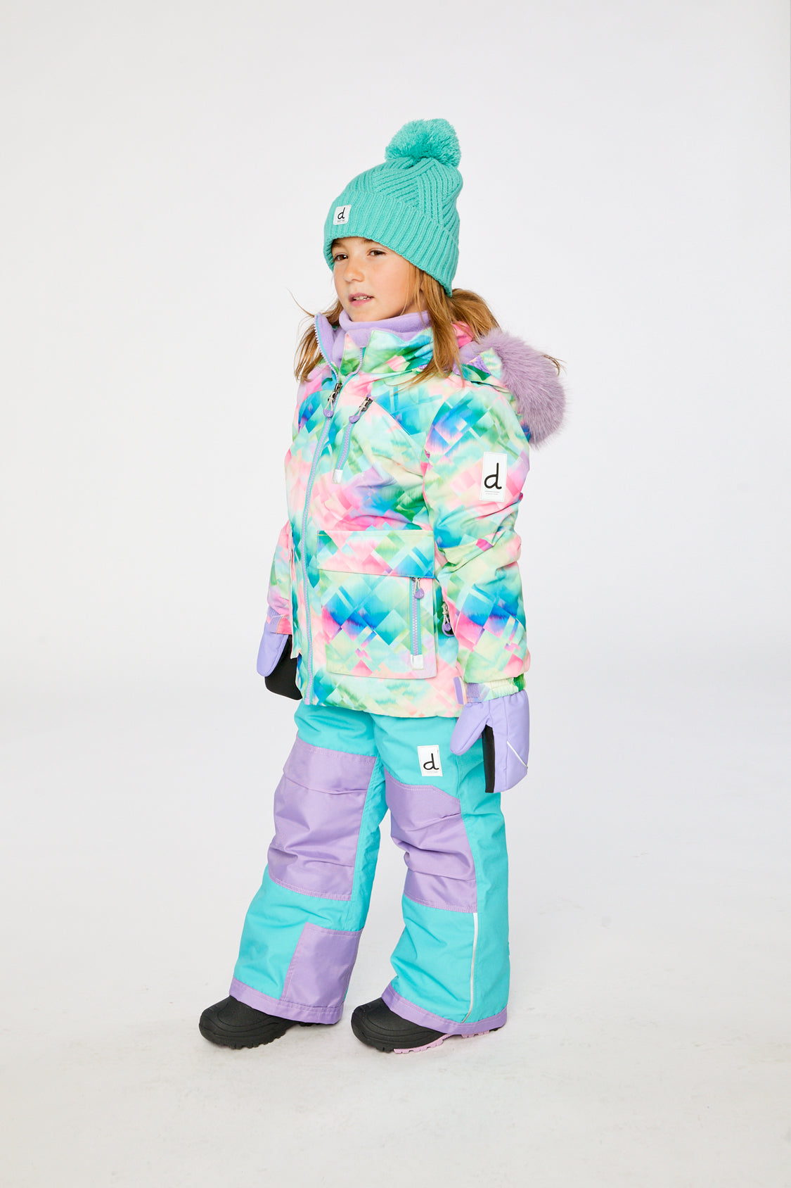 Two Piece Play Snowsuit Multicolored With A Diamond Pattern With Turquoise And Purple Pants - Image 4