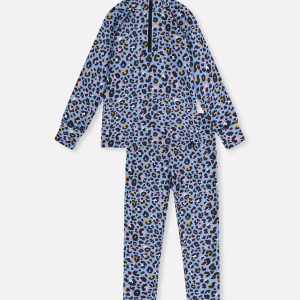 Two Piece Thermal Underwear Blue Leopard Print