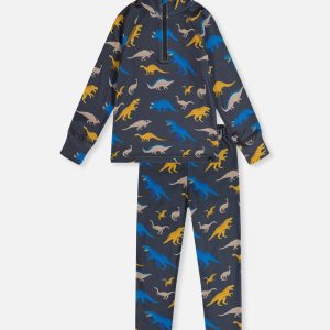 Two Piece Thermal Underwear Grey And Blue Dinosaur Print
