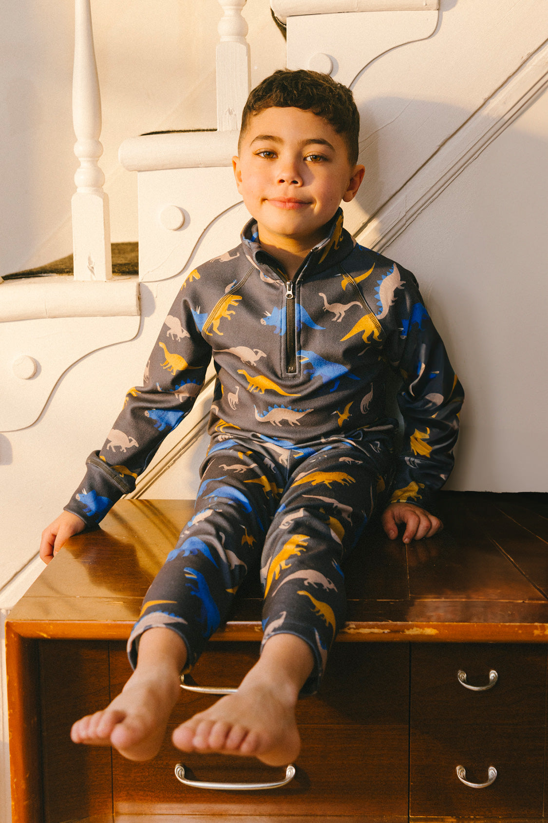 Two Piece Thermal Underwear Grey And Blue Dinosaur Print - Image 2