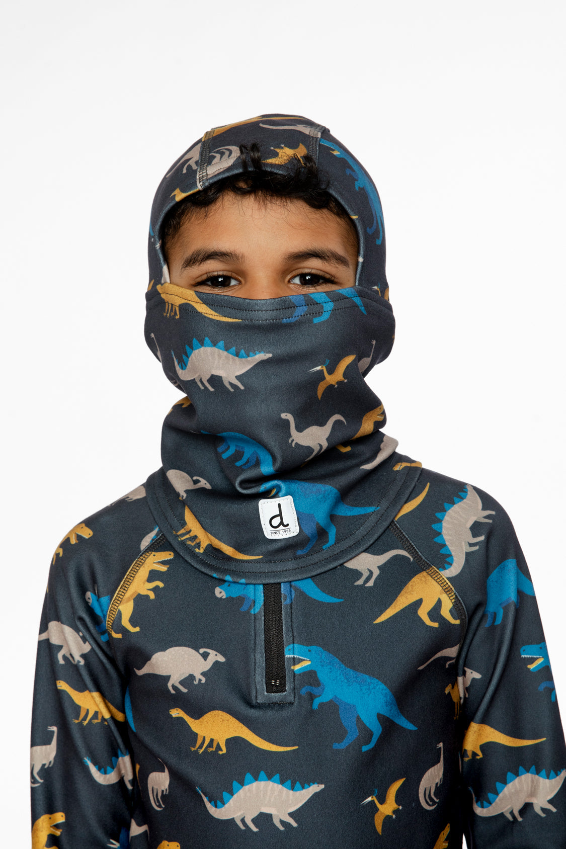 Brushed Jersey Balaclava Grey And Blue Dinosaur Print - Image 2