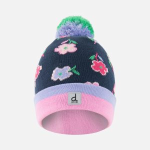 Winter Knit Hat With Pompom Blue Floral Print