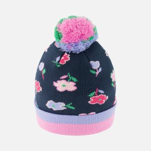 Winter Knit Hat With Pompom Blue Floral Print - Image 3
