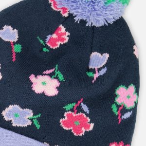 Winter Knit Hat With Pompom Blue Floral Print - Image 4