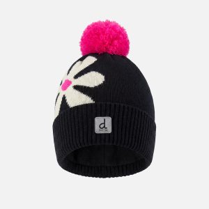 Winter Knit Hat With Pompom Black, White And Pink