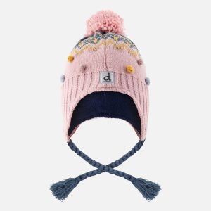 Winter Peruvian Knit Hat With Pompom Pink And Blue Jacquard