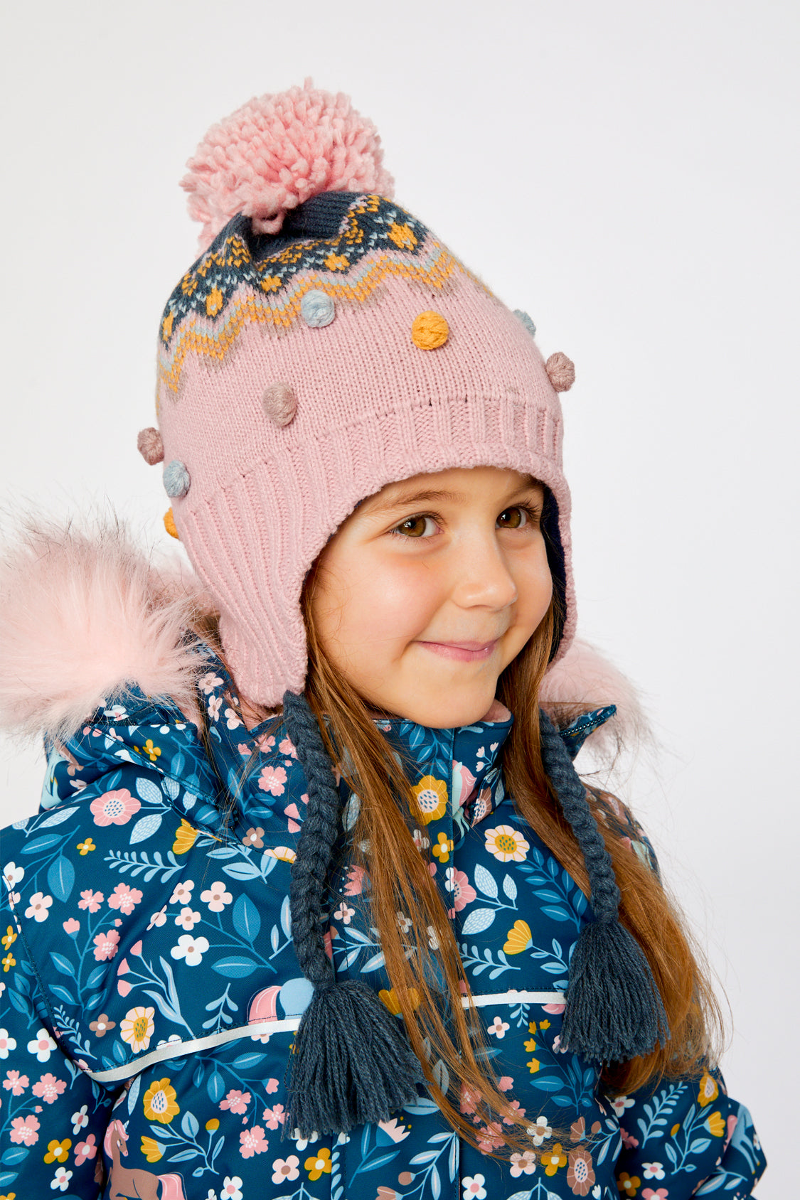 Winter Peruvian Knit Hat With Pompom Pink And Blue Jacquard - Image 2