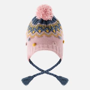 Winter Peruvian Knit Hat With Pompom Pink And Blue Jacquard - Image 3