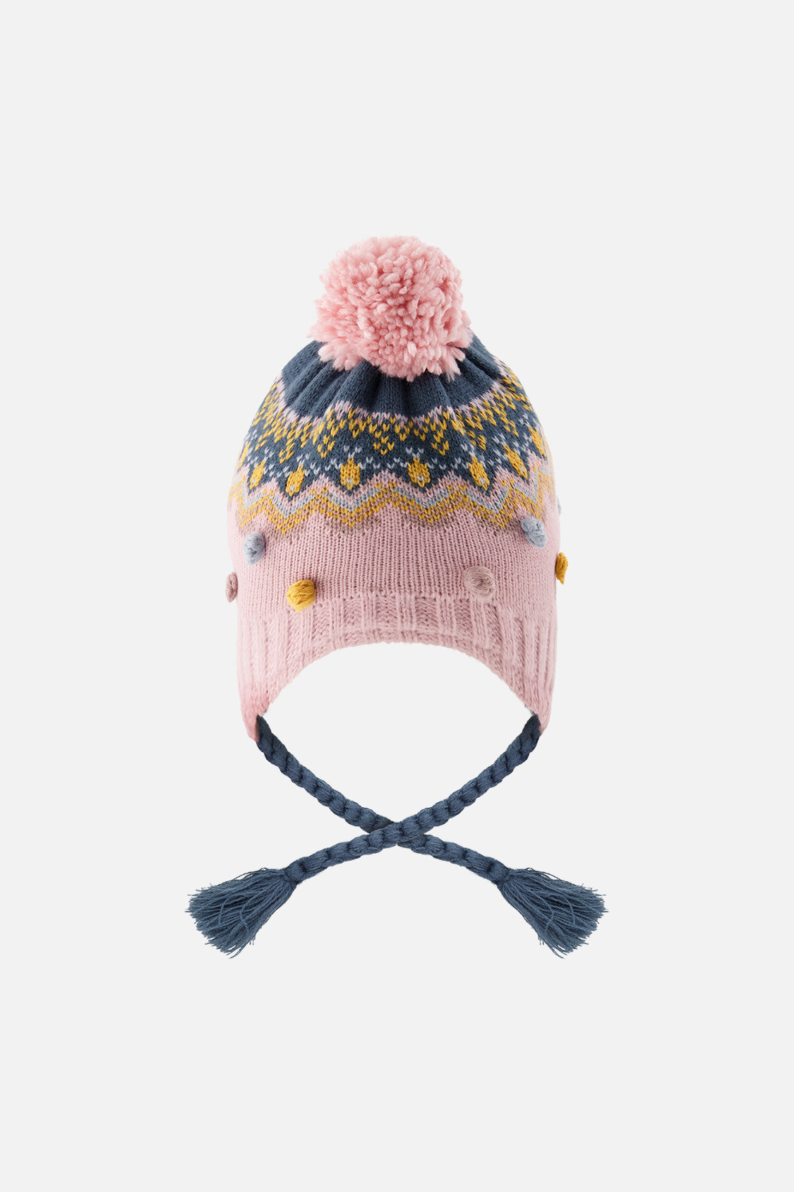 Winter Peruvian Knit Hat With Pompom Pink And Blue Jacquard - Image 3