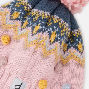 Winter Peruvian Knit Hat With Pompom Pink And Blue Jacquard - Image 4