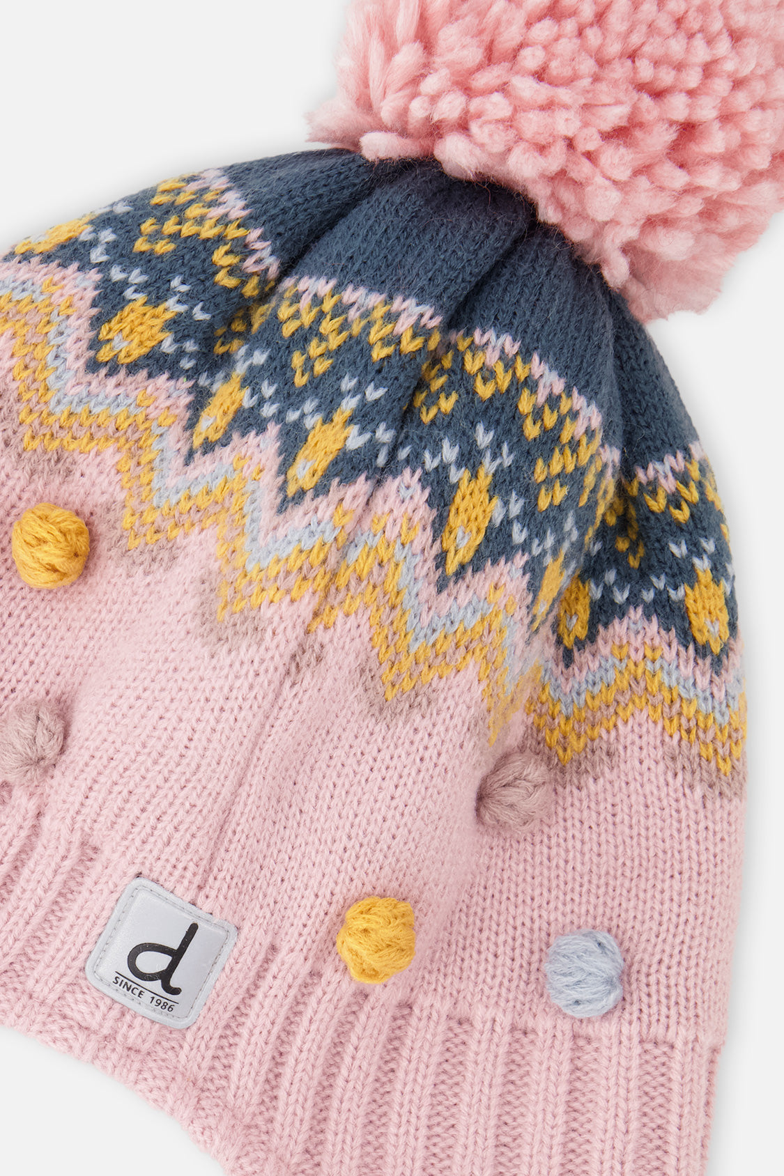 Winter Peruvian Knit Hat With Pompom Pink And Blue Jacquard - Image 4