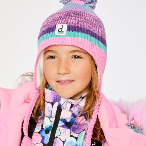 Winter Peruvian Knit Hat With Pompom Mauve And Blue Jacquard - Image 3