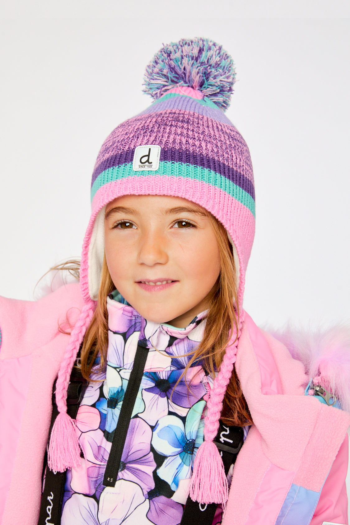 Winter Peruvian Knit Hat With Pompom Mauve And Blue Jacquard - Image 3