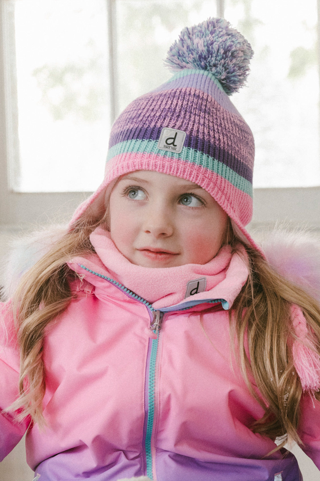 Winter Peruvian Knit Hat With Pompom Mauve And Blue Jacquard - Image 2