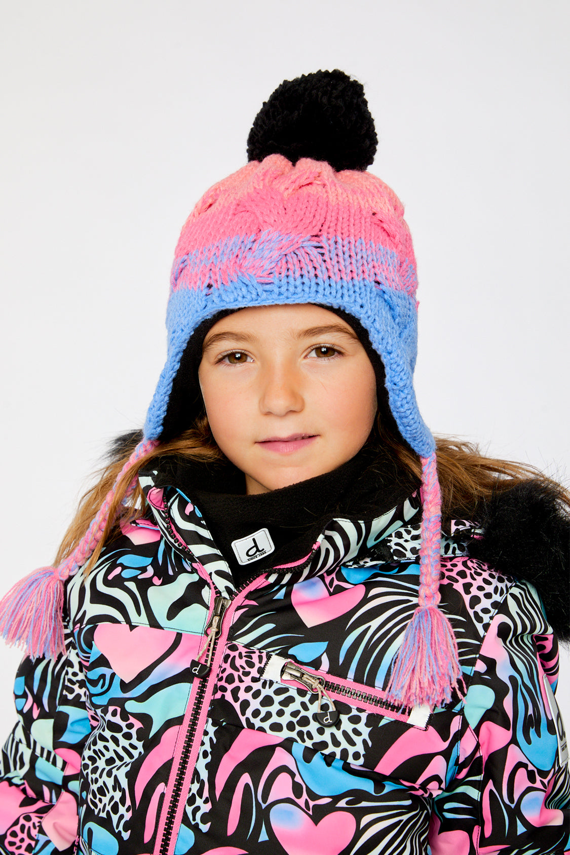 Winter Peruvian Knit Hat With Pompom Blue And Pink Gradient - Image 2