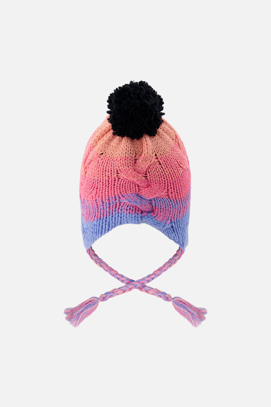 Winter Peruvian Knit Hat With Pompom Blue And Pink Gradient - Image 3
