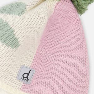 Winter Peruvian Knit Hat With Pompom Lavender Pink And Green - Image 4