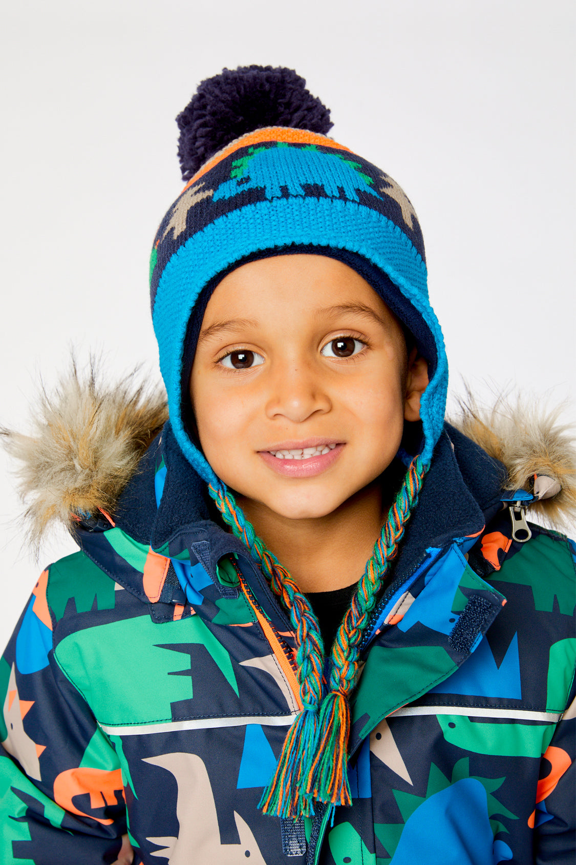 Winter Peruvian Knit Hat With Pompom Blue Dinosaur Print - Image 3