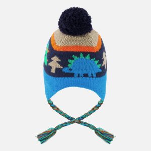 Winter Peruvian Knit Hat With Pompom Blue Dinosaur Print - Image 4