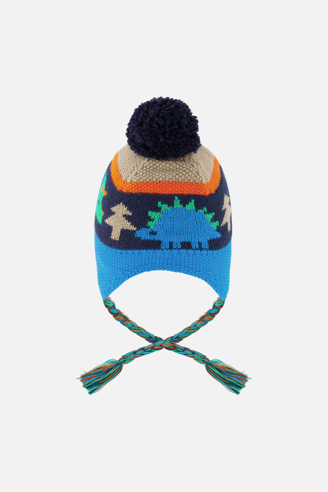 Winter Peruvian Knit Hat With Pompom Blue Dinosaur Print - Image 4