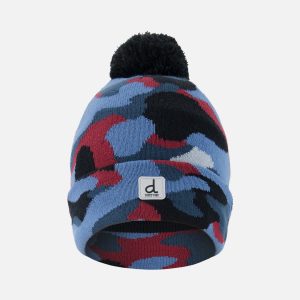 Winter Knit Hat With Pompom Blue And Red Camouflage
