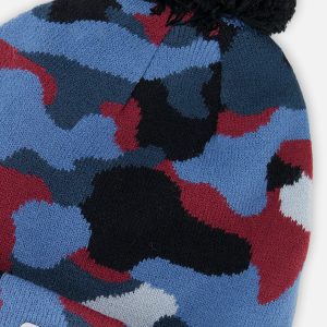Winter Knit Hat With Pompom Blue And Red Camouflage - Image 4