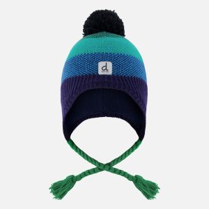 Winter Peruvian Knit Hat With Pompom Blue And Green Knit