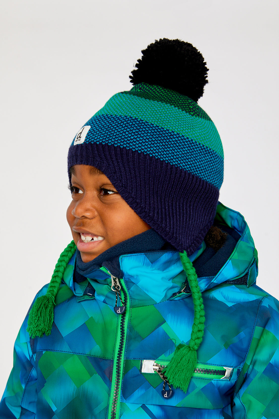 Winter Peruvian Knit Hat With Pompom Blue And Green Knit - Image 2