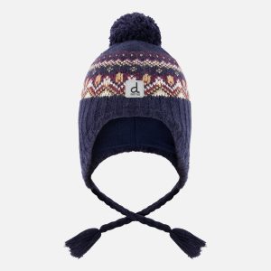 Winter Peruvian Knit Hat With Pompom Blue And Red Jacquard