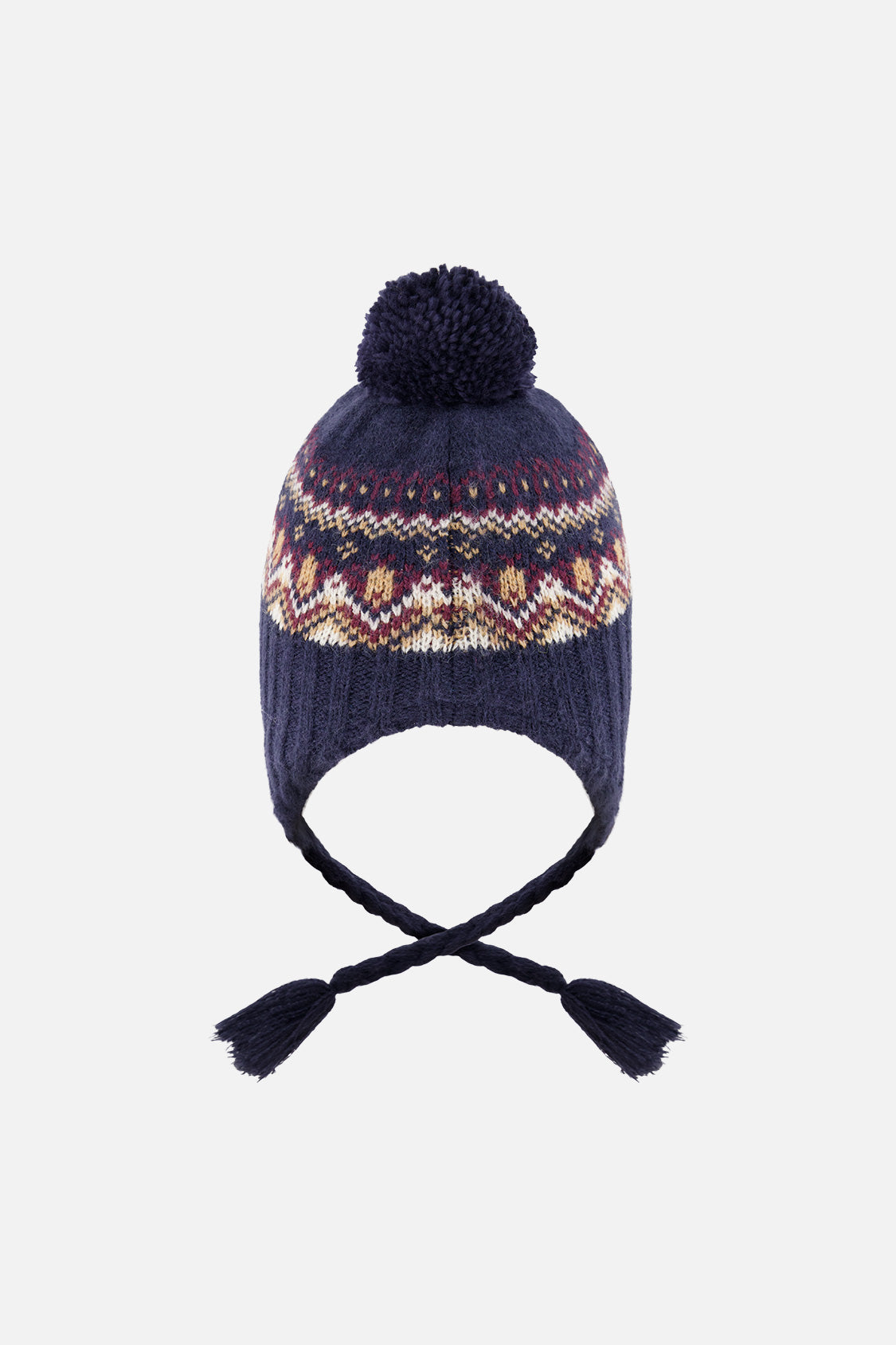 Winter Peruvian Knit Hat With Pompom Blue And Red Jacquard - Image 3