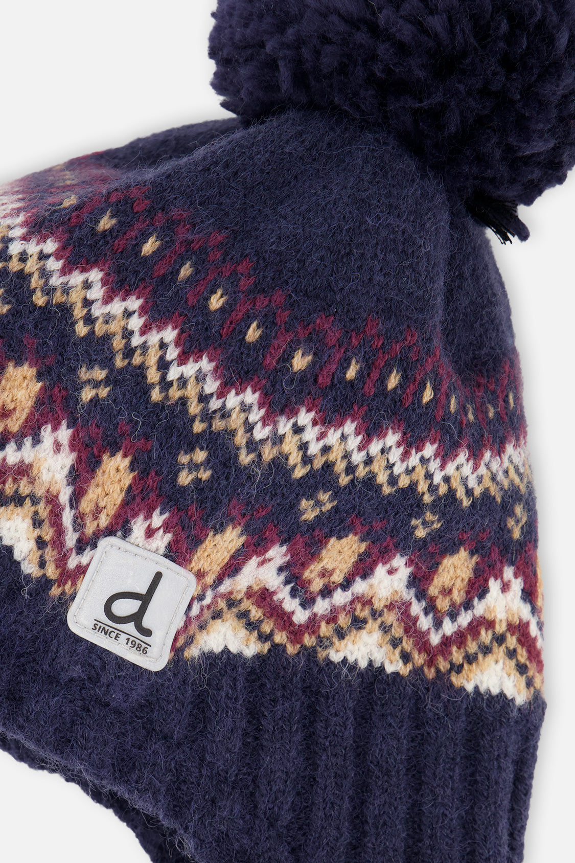 Winter Peruvian Knit Hat With Pompom Blue And Red Jacquard - Image 4