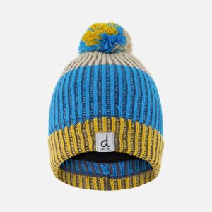 Winter Knit Hat With Pompom Blue And Yellow